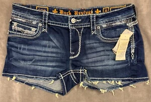 NWT ROCK REVIVAL $139 CELINDA STRETCH DENIM DARK WASH SHORTS SZ 31 - Picture 1 of 3