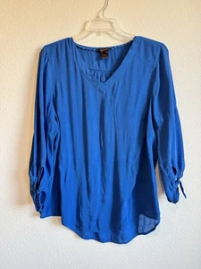 Multiples Damenbluse royalblau V-Ausschnitt 3/4-Ärmel Bindeärmel fließend 1X - Bild 1 von 11