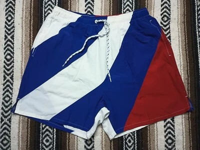 90s USA color block Board Shorts vtg Red White Blue Swim trunks M/L 4th of July - Image 1 of 4