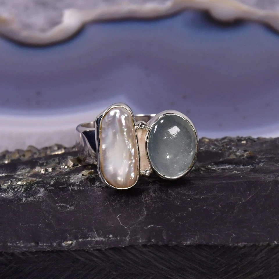 Aquamarin Ring, 925er Silber, Edelsteinring (23796), mit Biwaperle - Bild 1 von 1