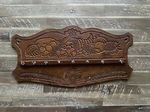 Vintage Wood Key Rack/Holder Carved With Fruits 8 Hooks 17.5”