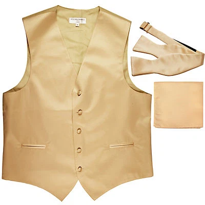 New Men's beige vest Tuxedo Waistcoat self tie bow tie & hankie wedding formal - Image 1 of 4