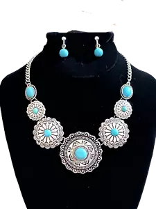 Western Clip On oder Pierced Silber und Türkis Stein Rund West Halskette Set - Bild 1 von 4