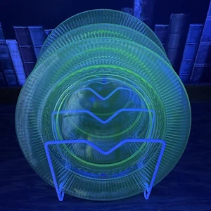 Vtg Uranium glass 3pc 8 3/4” Salad Plate Set Round GLOWS textured - Picture 1 of 13
