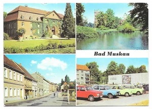 Cartolina multipla Bad Muskau 1981 cartolina d'epoca Wartburg Dacia Trab - Foto 1 di 2