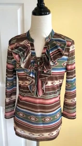CHAPS DENIM Southwestern Print 3/4 Sleeve Ruffled Mesh Lace-Up Top (M) NWT - Picture 1 of 5