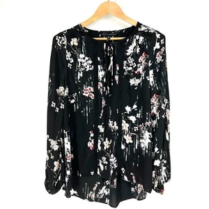 White House Black Market Pleated Top Size 10 Black Floral Lace Balloon Sleeves - Picture 1 of 13