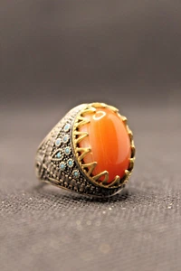 Orange Agate Large Stone 925 Sterling Silver Men's Ring Turkish Master Made Ring - Picture 1 of 6