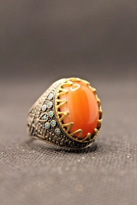Anillo grande de ágata naranja de plata de ley 925 para hombre anillo hecho por maestro turco Foto 1 de 4