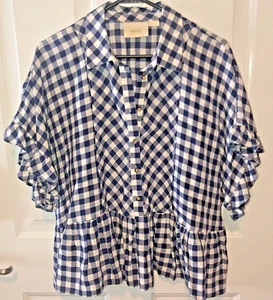 Maeve by Anthropologie Womens Medium Flounced Gingham Blouse Top Blue Gingham - Picture 1 of 8
