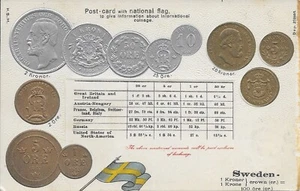 SWEDEN Embossed Vintage Coin and Flag Postcard not postally used - Picture 1 of 2