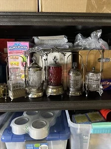 Antique Pickle Castor Rogers Silver plate Red Cut Glass Lids Forks Tongs Lot 5 - Picture 1 of 24