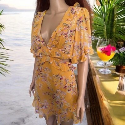 🌺ANGEL BIBA BNWT Yellow Floral V Neck Cutout Sides & Back Ruffle Mini Dress-8 - image 1 of 4