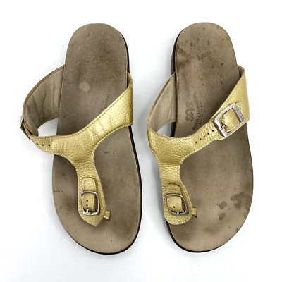 Women’s 7.5 M SAS Sanibel Gold Leather Thong Sandals Tripad Comfort Flip Flops - Image 1 of 4