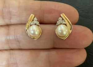 18 Karat Gelbgold Diamant und Perle Tropfen 6,5 mm Ohrringe Vintage 3,25 g Stempel - Bild 1 von 8