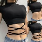 Fashion Women's Crop Tops Bandage Casual Fitness Gym Workout Short Sleeve T-Shirts