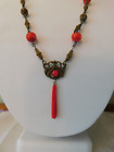 Art Nouveau Egyptian Revival Red Glass Bronze Filigree Beaded Drop Necklace