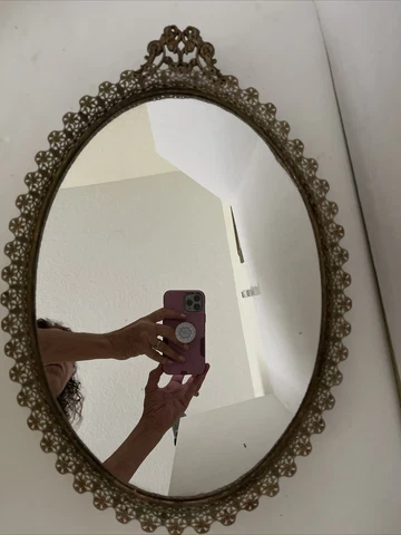 Oval Metal Filigree Mirror Wall Hanging Ornate Gold-tone 19" Vintage Cover