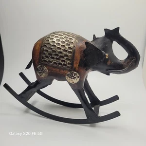 Vintage Wooden Metal Rocking Elephant Figurine Metal Decoration Home Decor - Picture 1 of 17