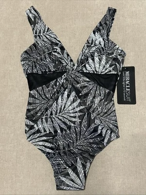 ¡NUEVO CON ETIQUETAS! Traje de baño MIRACLESUIT negro blanco estampado tropical malla de una pieza talla 14 Foto 1 de 4