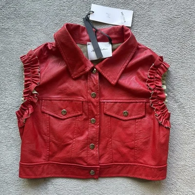NWT MS Station Kids Red Faux Leather Cropped Ruffle Vest Jacket 8–10Y Italian - Image 1 of 4