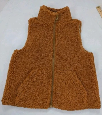 J. Chaleco Sherpa de Peluche Crew Para Mujer Marrón Caramelo Acogedor Cremallera Frontal Mediano Foto 1 de 4