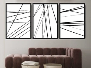 Set of 3 Prints - Abstract Line Art, Black and White Minimalist Pictures - Picture 1 of 4