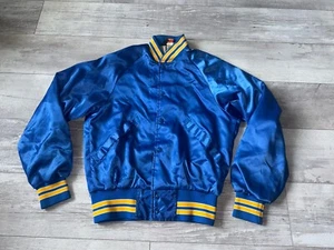 80s RARE VTG USA Ibanez Guitar Satin Bomber Jacket Men’s Small Blue Yellow - Picture 1 of 13