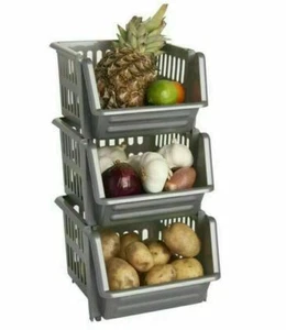 Fruit Vegetable Storage Basket Stacking Kitchen Stackable Unit Rack Tidy Silver - Picture 1 of 5