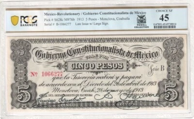 Mexico Rev / Gob Const de Mexico P#S628c M976b 1913 5 Pesos PCGS Ch XF 45 - Image 1 of 2