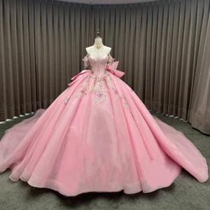 Abito rosa Quinceanera principessa nappa perline abiti per 15 anni Quinceañera - Foto 1 di 9