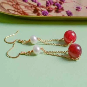 Mode Natur Weiß Runde Perle Rot Jade 14K Gold Ohrringe Minimalistisch Maßgeschneidert - Bild 1 von 5