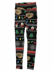Junior Womens Black Poly Santa & Gingerbread House Holiday Leggings - Picture 1 of 1