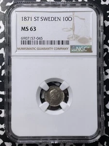 1871-ST Suecia 10 Minerales NGC MS63 Lote #A9841 Plata! Elección UNC! - Imagen 1 de 3