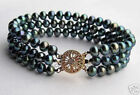 Charming Genuine Natural 3 Rows 6-7MM Black Akoya Cultured Pearl Bracelet 7.5"
