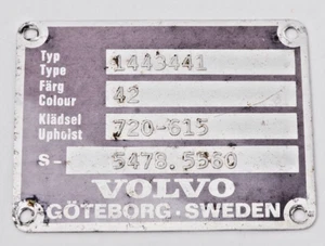 Placa de identificación de motor de vehículo modelo Volvo 140 vintage 1966-74 - Imagen 1 de 2