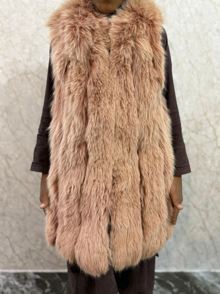 复古天然红狐狸毛皮背心-女式无袖真毛皮马甲-胸部 35 — 第 1/4 张图片