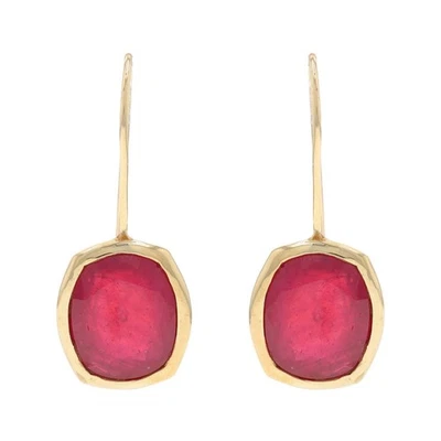 Pendientes colgantes de rubí de oro amarillo - Cojín 10k relleno de vidrio de plomo perforado Foto 1 de 4