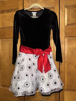 Bonnie Jean Girls Sz 14 Black Velvet Dress White Skirt Red Bow Party - Image 1 of 4
