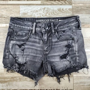 American Eagle Midi Cut Off Shorts Womens Size 4 Gray Distressed Jean Denim - Picture 1 of 14