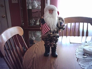 Military Patriotic Santa Claus Camouflage Outfit Holding a Flag 18" Tall - Picture 1 of 10