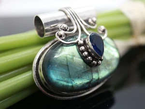 GJ69 GW LABRADORIT 35mm OVAL *XL* VINTAGE  ANHÄNGER +*TOP* +KETTE / LEDER! - Bild 1 von 5