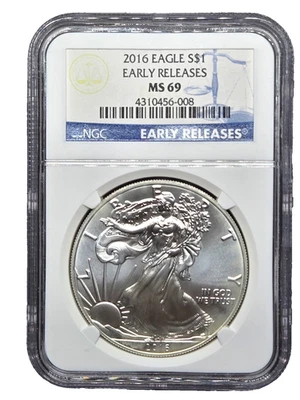 🔥2016 ASE American Silver Eagle .999 1 oz plata NGC MS69 LANZAMIENTOS TEMPRANOS #6008🔥 Foto 1 de 4