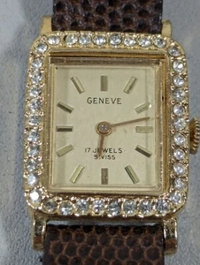 Swiss Geneve 17J Manual Mechanical Rhinestone Accent Goldtone Brown Band Watch - Picture 1 of 8