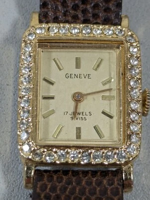 Swiss Geneve 17J Manual Mechanical Rhinestone Accent Goldtone Brown Band Watch - Image 1 of 4