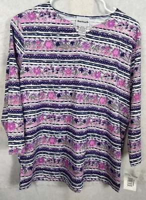 Blusa túnica Bon Worth para mujer S floral a rayas manga 3/4 púrpura rosa nueva Foto 1 de 3