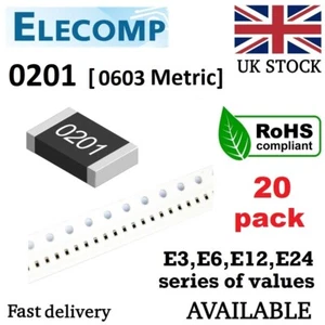 0201 resistori SMD 1% E24 gamma 0 Ohm - 10M Ohm (confezione da 20) spedizione gratuita stock Regno Unito - Foto 1 di 5