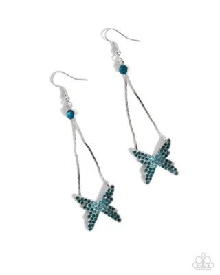 Paparazzi Pick A FLIGHT - Blue-Rhinestones - Silver Butterfly Earrings - Image 1 of 2