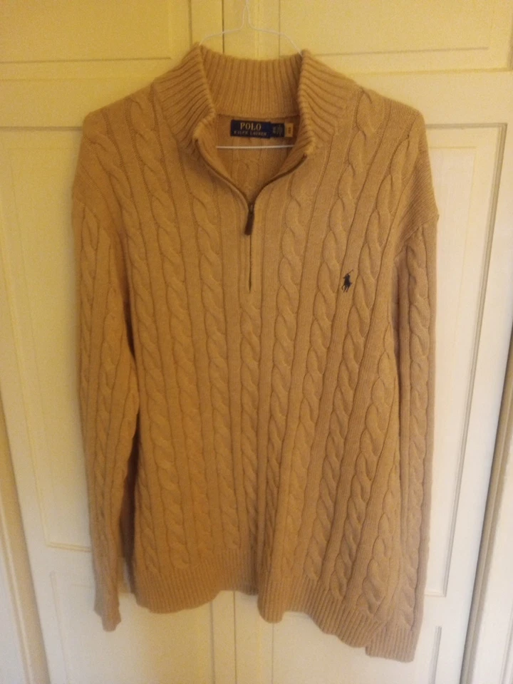  Suéter de algodón tejido con cable con cremallera 1/4 Polo Ralph Lauren para hombre: CAMEL - XLT Foto 1 de 4