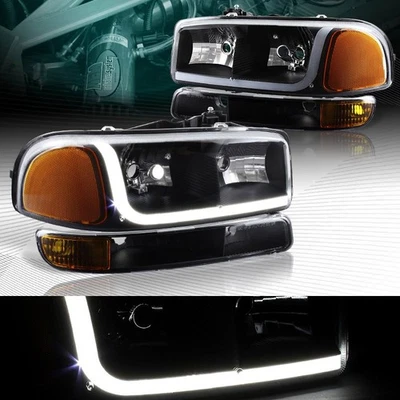 ЧЕРНЫЕ DRL СВЕТОДИОДНЫЕ ФАРЫ + БАМПЕР С ЖЕЛТЫМ ОТРАЖАТЕЛЕМ ПОДХОДИТ 00-06 GMC YUKON XL1500/2500 - Изображение 1 из 4